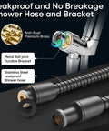 Close-up of 9 Function Shower Head With Built In Power Spray And Pause Button For Deep Clean Rinses, showing brass bracket and 6ft hose.