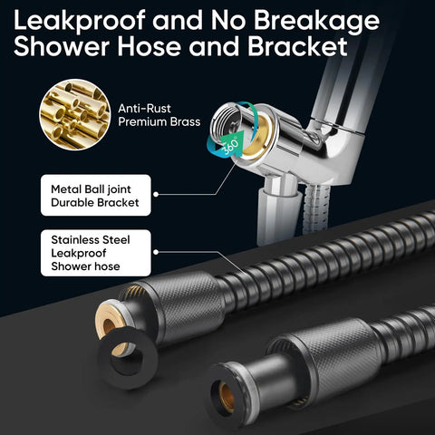 Close-up of 9 Function Shower Head With Built In Power Spray And Pause Button For Deep Clean Rinses, showing brass bracket and 6ft hose.