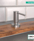 Talis Modern Bath And Kitchen Sink Soap Dispenser In Stainless Steel Optic, 16 Oz Capacity, installed on wood countertop