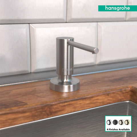 Talis Modern Bath And Kitchen Sink Soap Dispenser In Stainless Steel Optic, 16 Oz Capacity, installed on wood countertop