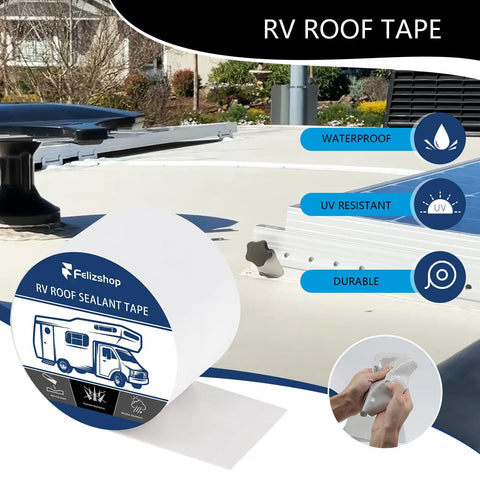 RV Roof Seal Tape White 4 Inch By 50 Feet Self Adhesive Butyl Roof Sealant for camper, showing waterproof and UV resistant features.