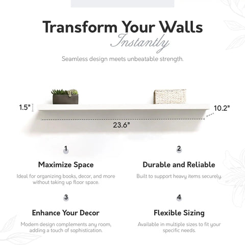 Durable Floating Wall Shelf With Hidden Brackets For Easy Install And Removal, 23.6x10.2x1.5 inch, white MDF, modern decor