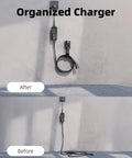 EV Charger Holder With 180 Degree Rotating Nozzle Dock, Heavy Duty Metal J Hook Wall Mount For SAE J1772 Charger, organized charging setup on wall.
