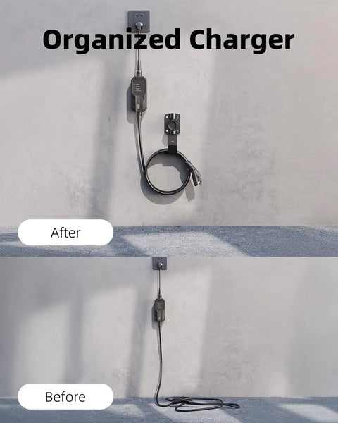 EV Charger Holder With 180 Degree Rotating Nozzle Dock, Heavy Duty Metal J Hook Wall Mount For SAE J1772 Charger, organized charging setup on wall.