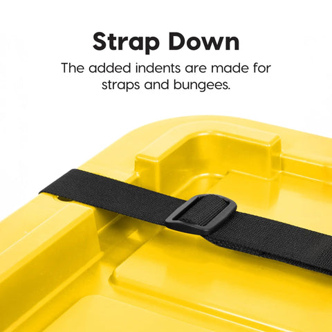 Two Pack 27 Gallon Heavy Duty Storage Bins With Lockable Lids For Truck Bed Organization, yellow lid with strap detail