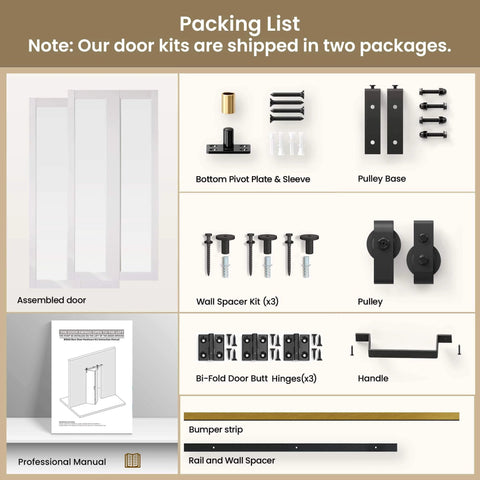 Mirror Panel Bifold Barn Door Kit With Sliding Hardware For Narrow Closets, 56 Inch Width By 84 Inch Height packing list overview