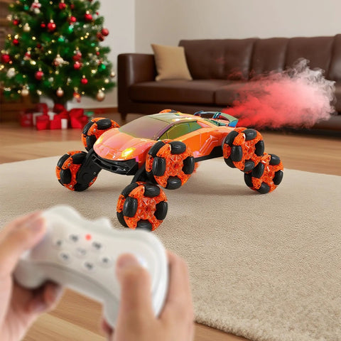 QPOU 8-wheel orange RC stunt car with remote control on a living room rug