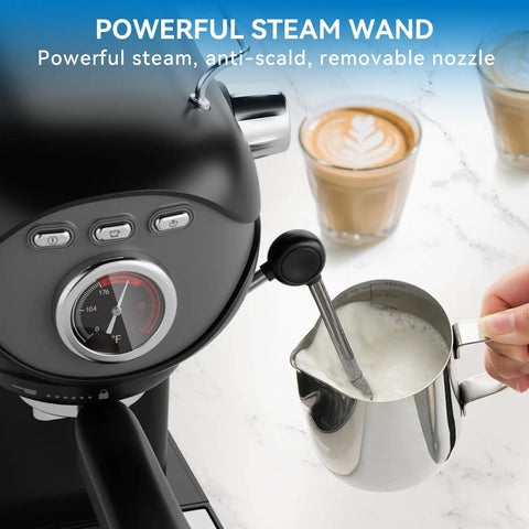 Close-up of steam wand on 20 Bar Espresso Machine With Temperature Control Compact Home Coffee Maker With Steam Milk Frother