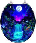 Toilet Seat Round Resin for Bathroom featuring a vibrant waterfall scene with butterflies and a moonlit sky.