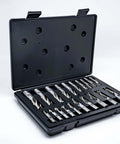 Front view of LLDSIMEX HSS 20-piece two- and four-flute end mill set in a plastic case (3/16–3/4 in).
