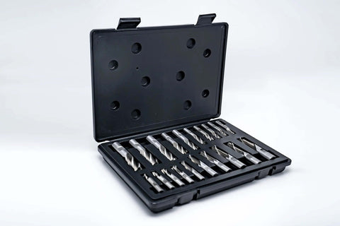 Front view of LLDSIMEX HSS 20-piece two- and four-flute end mill set in a plastic case (3/16–3/4 in).