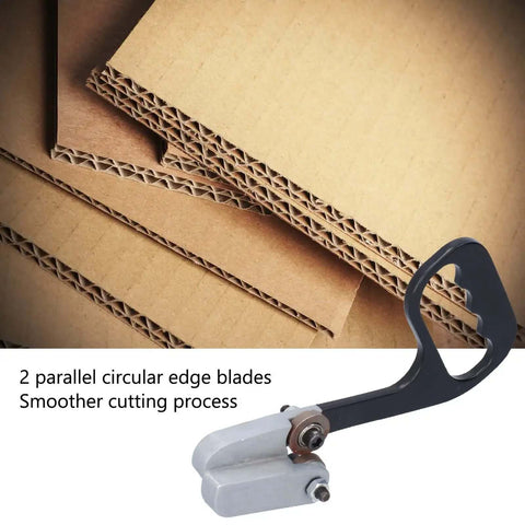 Hand Pull Cutter For Metal Sheets And Cardboard, Effortless Nibbler With Dual Round Blades in front of cardboard stack