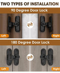 90/180 Degree Barn Door Lock And Latch In Zinc Alloy Black Finish Sliding Flip Hardware illustrating installation on left and right sides of wooden gates