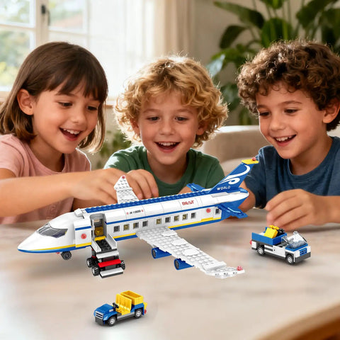 Children playing with 510 Piece City Passenger Airplane Building Set 6 In 1 Plane Building Blocks Toys For STEM Aircraft Bricks