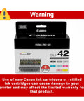 Box of CLI 42 Eight Color Ink Pack For PIXMA PRO 100 Printers With ChromaLife100 Plus Inks, warning label visible.