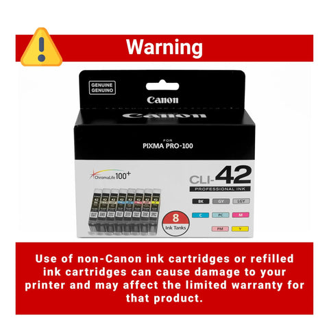 Box of CLI 42 Eight Color Ink Pack For PIXMA PRO 100 Printers With ChromaLife100 Plus Inks, warning label visible.