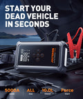 Four In One Jump Starter With Air Compressor For Cars And SUVs, 5000A Portable Car Battery Jump Starter on car hood