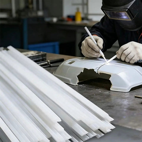 White Polypropylene Welding Rods 50 Pack 9.45 Inch Sticks For Automotive Bumper Repair Water Storage Tanks DIY Plastic Projects And Hot Air Welder Machines in use.