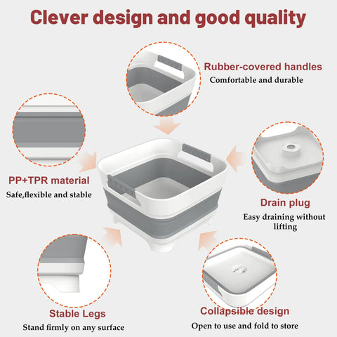 Collapsible Wash Basin With Drain Plug 2.4 Gallons For Kitchen And Camping, BPA-free gray wash basin with rubber handles and drain plug