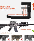 Heat Resistant Brass Rifle Catcher With Quick Release, adjustable width diagram showing mounting compatibility on firearms.
