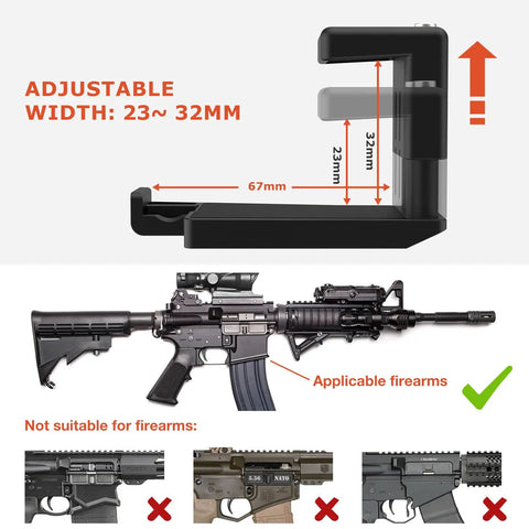 Heat Resistant Brass Rifle Catcher With Quick Release, adjustable width diagram showing mounting compatibility on firearms.