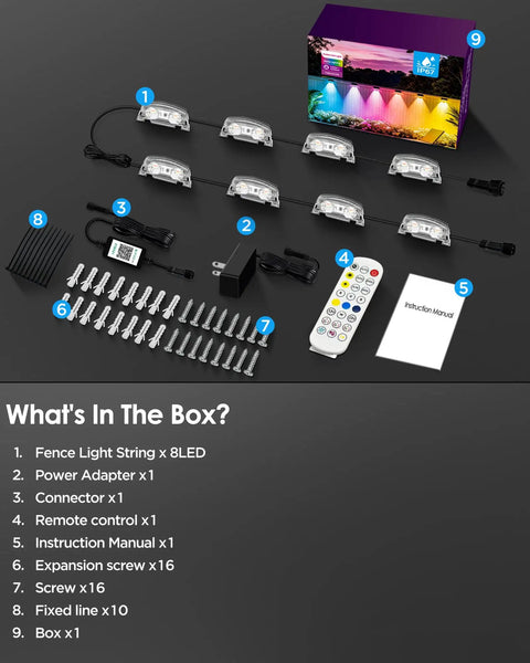 Outdoor RGB LED String Lights 50Ft, 8 Pack, Smart App Control and Remote, IP67 Waterproof set with components displayed