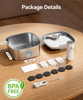 Cordless Wide Tray Dog Water Fountain With 5000mAh Battery Powered Pet Water Dispenser Three Motion Sensors Stainless Steel 8L Capacity package details on a wooden table