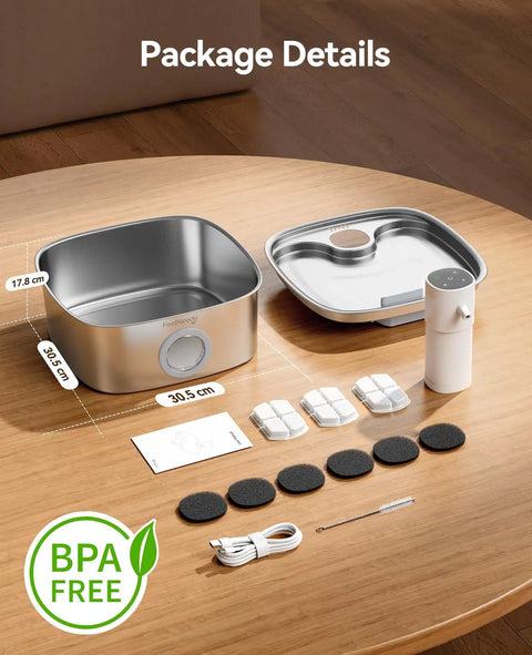 Cordless Wide Tray Dog Water Fountain With 5000mAh Battery Powered Pet Water Dispenser Three Motion Sensors Stainless Steel 8L Capacity package details on a wooden table