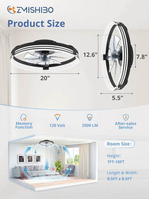Totally Sleek Low Profile Ceiling Fan With Bright Light And Remote, 20 Inch Matte Black, dimensions and product size illustration.