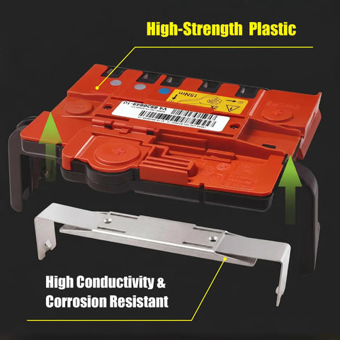 Top Shelf Oem Compatible Battery Power Distribution Box With Integrated Fuse And Crash Disconnect Relay For Bmw 1 3 Series E90 E82 E88 E84 X1 2006 To 2015 Straight Swap Rebuild Kit shown with red housing and silver bracket.