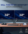 Dual Monitor Stand With Fully Adjustable Arms For 17 To 32 Inch Screens, Mechanical Articulating Desk Mount For Gaming And Office Setups, VESA 75x75 And 100x100, Supports Up To 19.8 Lbs Per Monitor, Black. Shown on a desk with mounted 32-inch monitors.