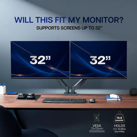 Dual Monitor Stand With Fully Adjustable Arms For 17 To 32 Inch Screens, Mechanical Articulating Desk Mount For Gaming And Office Setups, VESA 75x75 And 100x100, Supports Up To 19.8 Lbs Per Monitor, Black. Shown on a desk with mounted 32-inch monitors.
