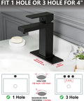 No Brainer Install Matte Black Bathroom Faucet With Deck Plate Kit, showing installation options for 1 or 3 hole sinks.
