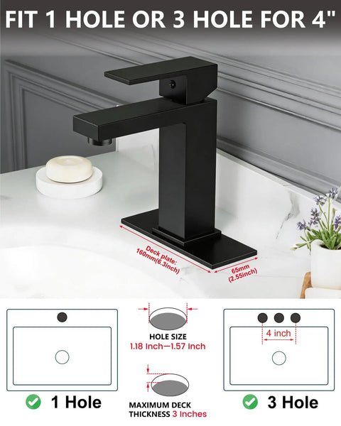 No Brainer Install Matte Black Bathroom Faucet With Deck Plate Kit, showing installation options for 1 or 3 hole sinks.