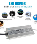 Outdoor LED Driver 12V DC 150W Power Supply IP67 Waterproof Transformer With Slim Durable Case And US Three Prong Plug