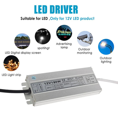 Outdoor LED Driver 12V DC 150W Power Supply IP67 Waterproof Transformer With Slim Durable Case And US Three Prong Plug