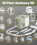 Heavy Duty Steam Crusher Blasts Through Gunk Stat With Five Bar Pressure And Industrial Stainless Boiler Ships Ready With A Twenty Piece Accessory Kit To Handle Every Mess Today. Accessory kit with various tools including brushes and nozzles.