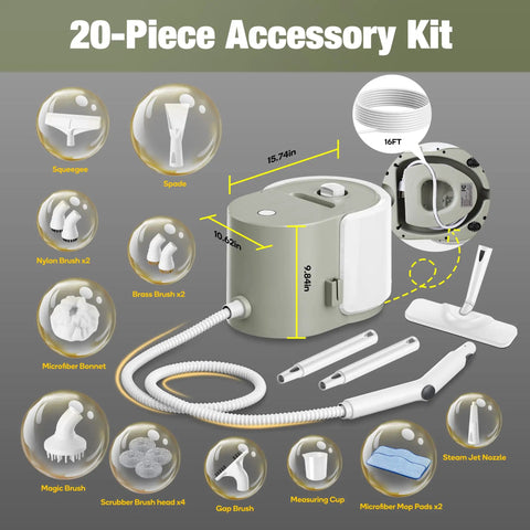 Heavy Duty Steam Crusher Blasts Through Gunk Stat With Five Bar Pressure And Industrial Stainless Boiler Ships Ready With A Twenty Piece Accessory Kit To Handle Every Mess Today. Accessory kit with various tools including brushes and nozzles.