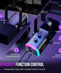 Dynamic USB and XLR Gaming Microphone for Streaming and Podcasting with Boom Arm, Mute Button, and Control Features Displayed