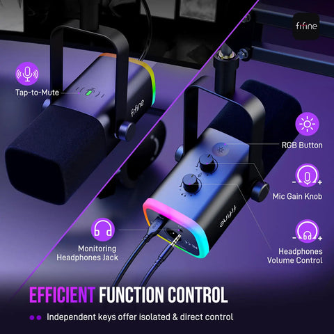 Dynamic USB and XLR Gaming Microphone for Streaming and Podcasting with Boom Arm, Mute Button, and Control Features Displayed