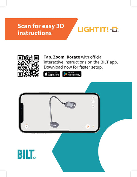 Smartphone displaying setup of MultiFlex LED Floor Magnifier Lamp With Ultra Wide 6 Inch Viewing Area and 3D instruction app icons.