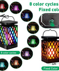 Hanging Solar Lanterns With 9 Modes Color Changing And Fixed Flickering Flame Waterproof Outdoor Lights For Garden Patio Pathway 8 Color Options Plus Auto Color Change Dope For Camping Decor 2 Pack, showing multiple color modes and size dimensions.