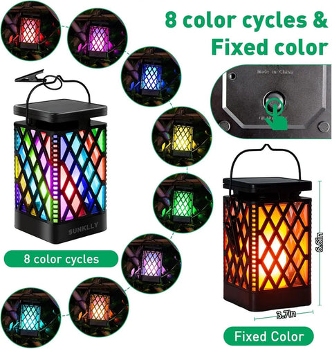 Hanging Solar Lanterns With 9 Modes Color Changing And Fixed Flickering Flame Waterproof Outdoor Lights For Garden Patio Pathway 8 Color Options Plus Auto Color Change Dope For Camping Decor 2 Pack, showing multiple color modes and size dimensions.