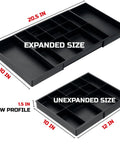 Expandable Large Toolbox Storage Tray Kit With Tray Divider Set for rolling tool chest drawers, shown in expanded and unexpanded sizes.