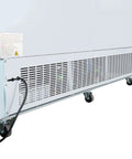 Back view of Heavy Duty Triple Glass Door Upright Freezer Merchandiser In Crisp White showcasing cooling unit and wheels.