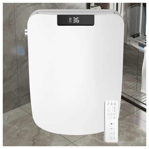 Auto Lift Square Smart Heated Bidet Seat With Electronic Display Warm Water Spray Gentle Hygiene Game Changer No Fuss Bathroom Upgrade Fits Standard Toilets with digital panel and remote.