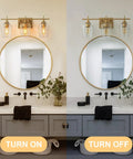 Three Light Bronze Vanity Light Fixture with Glass Shade over mirror, shown turned on and off in bathroom setting.