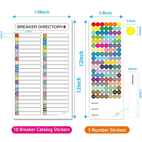 Breaker Panel Labels Kit for Electrical Boxes and Load Centers, Waterproof Adhesive Stickers shown flat with dimensions