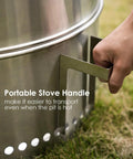 Close-up of hand holding handle on Smokeless Fire Pit 19 Inch Made From 304 Stainless Steel Portable Outdoor Fire Pit.