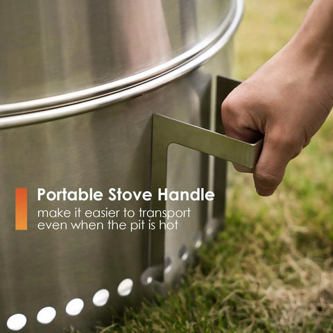 Close-up of hand holding handle on Smokeless Fire Pit 19 Inch Made From 304 Stainless Steel Portable Outdoor Fire Pit.